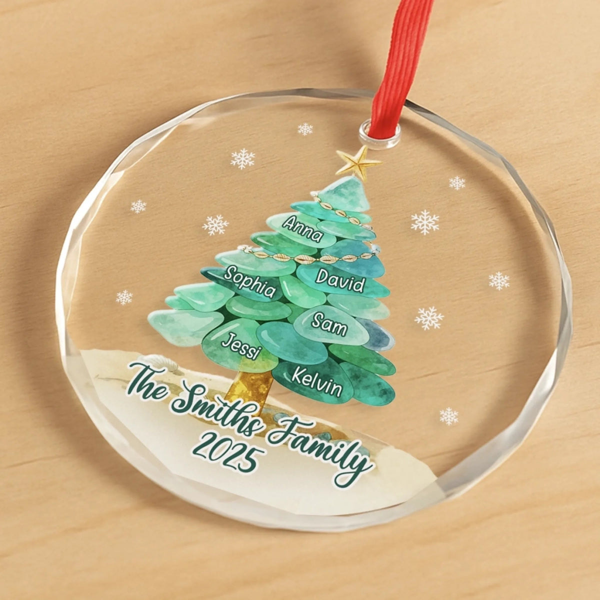 Christmas Family Tree Built By Sea Glass - Personalized Crystal Ornament - Christmas Gift For Family