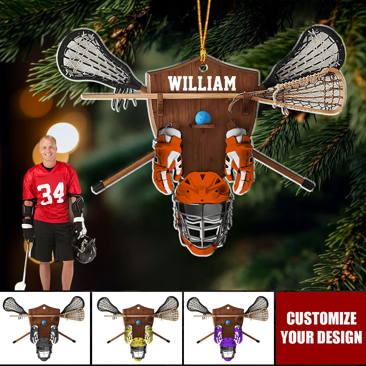 Custom Lacrosse Equipment Christmas Ornament, Personalized Lacrosse Player Ornament