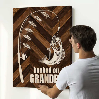 Hooked On Grandpa Custom Fishing Canvas, Grandpa Fishing Gift From Grandkids, Fishing Gifts For Father s Day 2025, Grandfather Fishing Sign