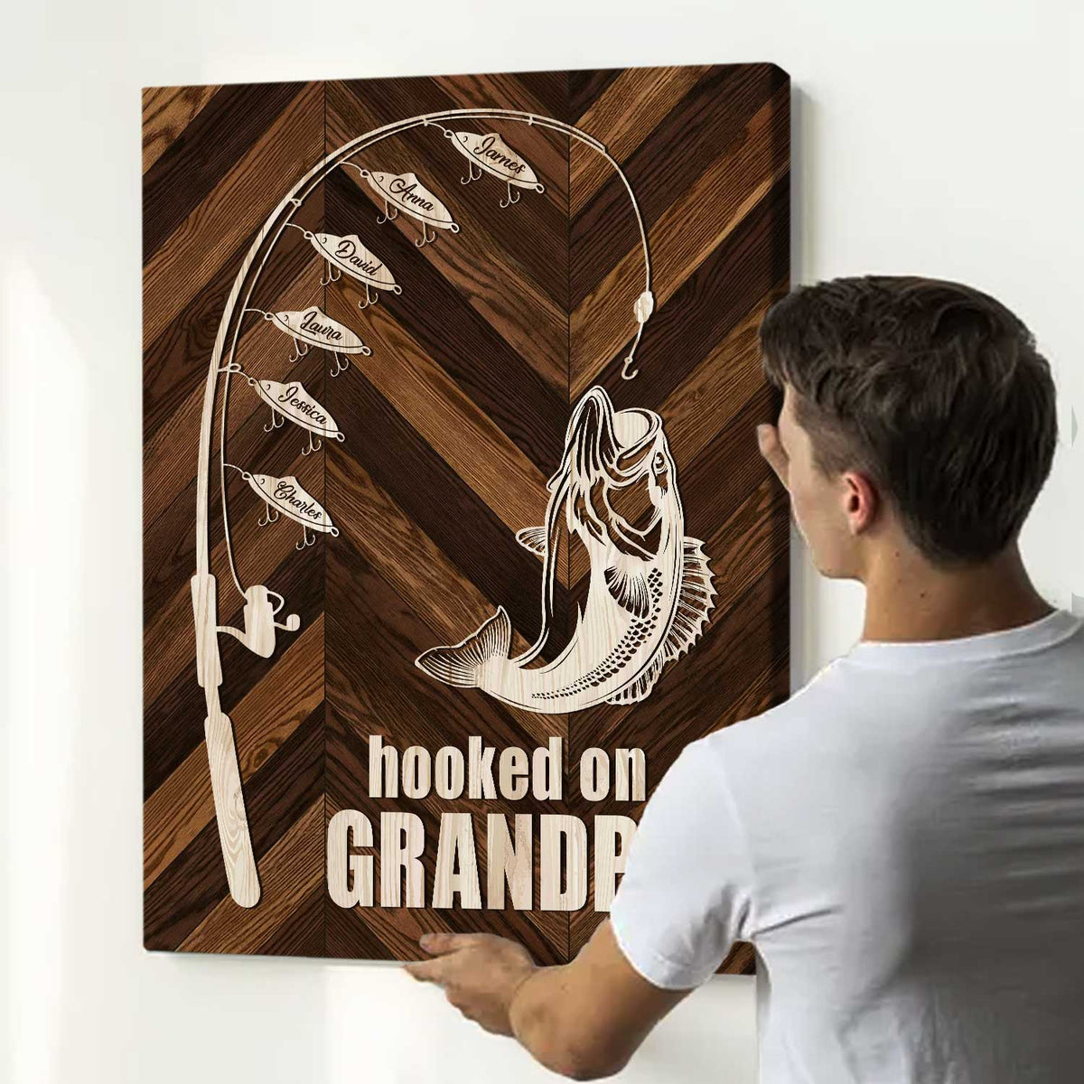 Hooked On Grandpa Custom Fishing Canvas, Grandpa Fishing Gift From Grandkids, Fishing Gifts For Father s Day 2025, Grandfather Fishing Sign