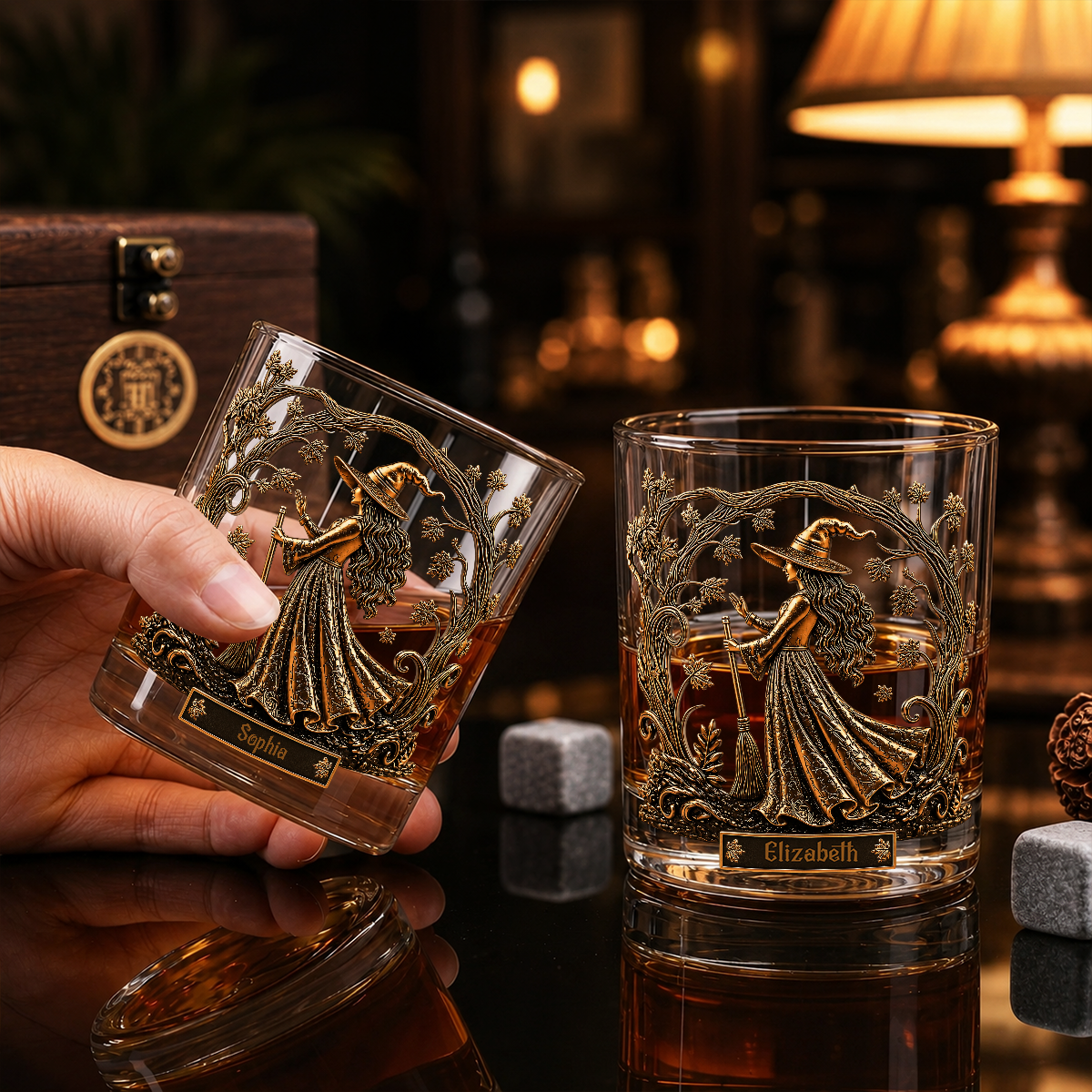 Custom Witch Whiskey Glass Gold, Personalized Halloween Gift for Women, Custom Name Crystal Tumbler, Vintage Witchcraft Barware Decor