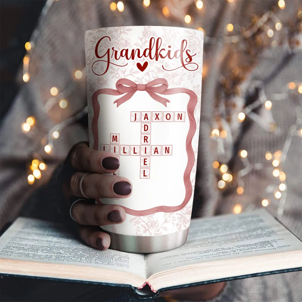 Grandkids Toile De Jouy Crossword - Personalized Tumbler - Gift For Grandma