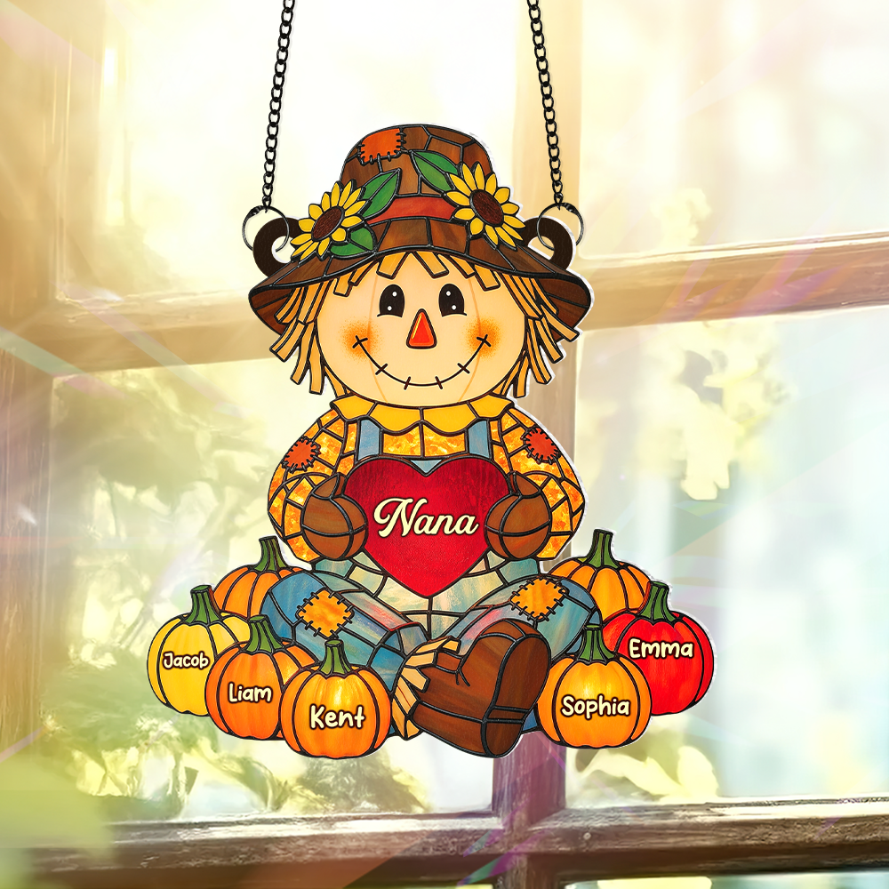 Fall Scarecrow Grandma with Pumpkins Grandkids Names - Personalized Suncatcher Ornament - Autumn Gift For Grandma & Family