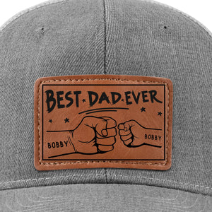 Best Dad Ever Fist Bumps - Personalized Leather Label Net Hat - Gift For Dad, Grandpa, Father's Day Gift