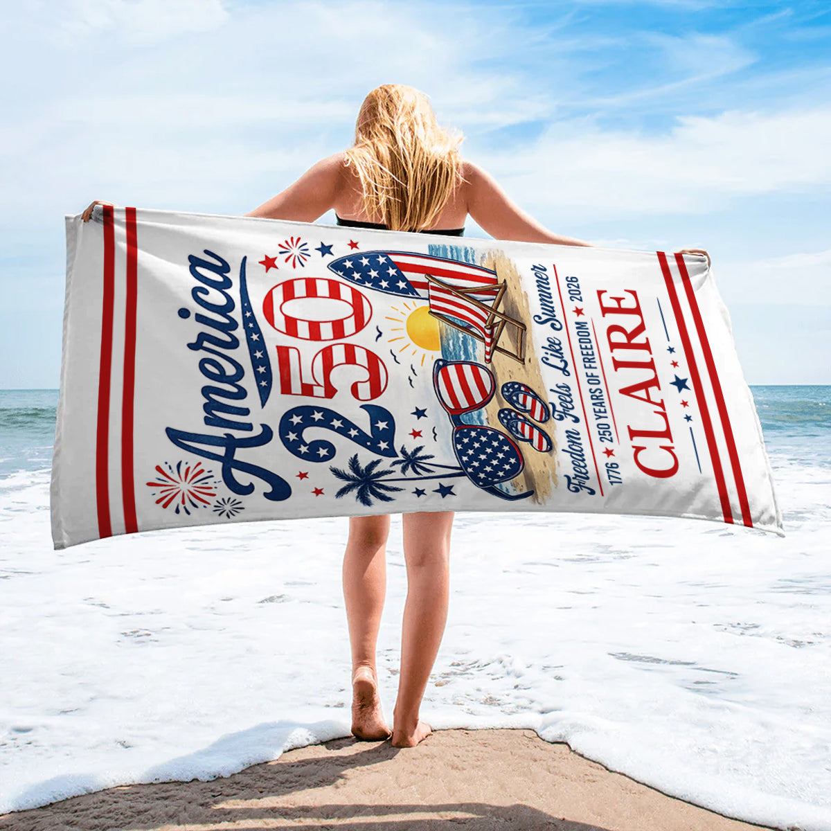 Custom Beach Towel - Personalized America 250th Anniversary, Summer Vacation And Travel Gifts For Mom, Dad, Brother, Sister, Kids - Born Free, Beach Bound