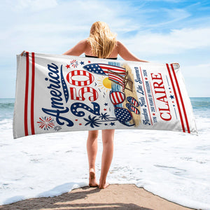 Custom Beach Towel - Personalized America 250th Anniversary, Summer Vacation And Travel Gifts For Mom, Dad, Brother, Sister, Kids - Born Free, Beach Bound