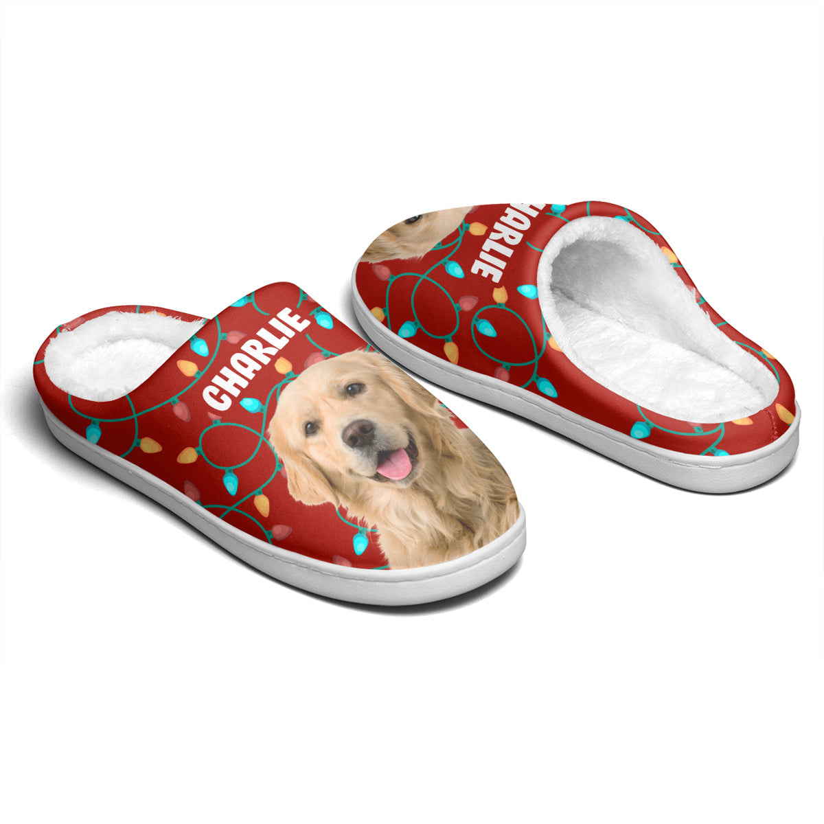 Custom Pet's Photo Christmas Light - Personalized Fleece Slippers - Christmas Gift For Pet Owners, Pet Lovers
