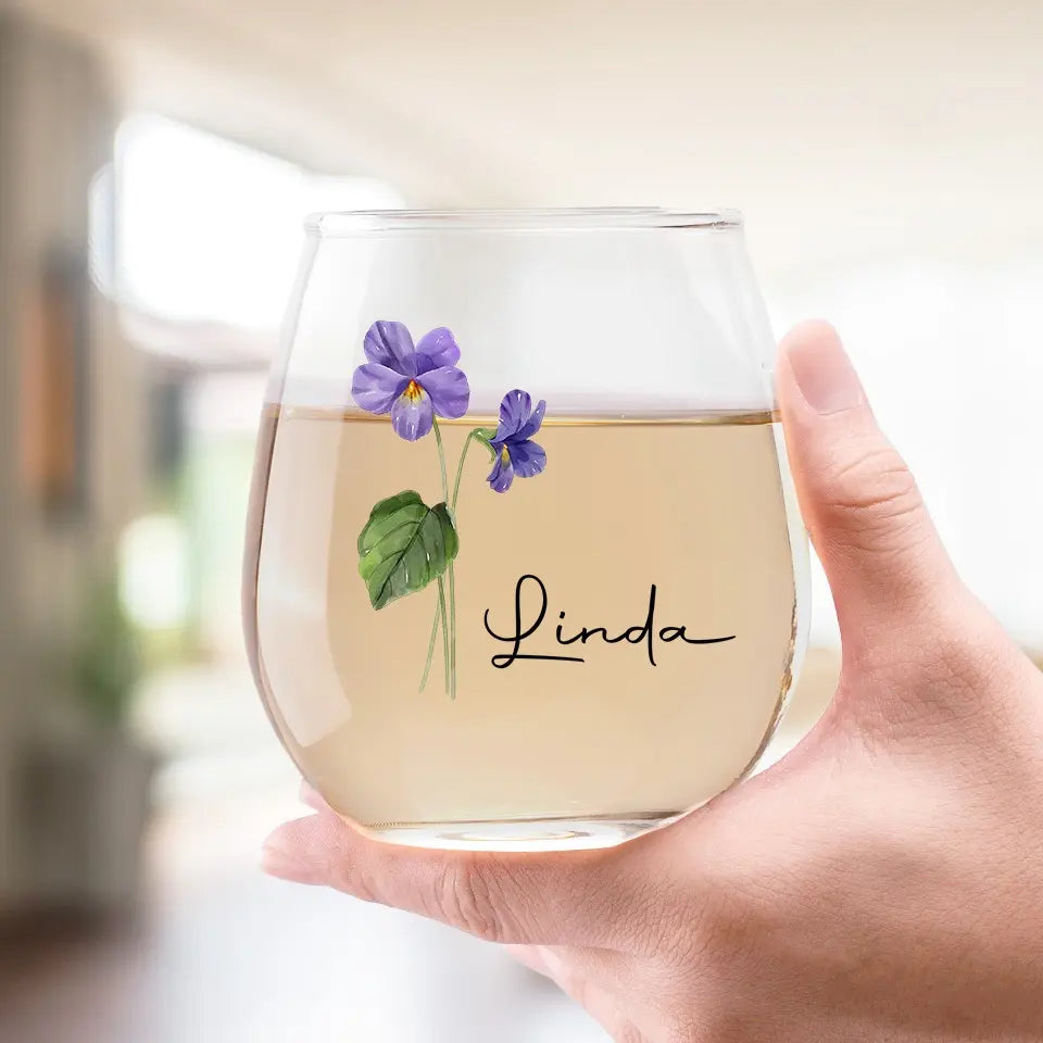 Birth Month flower & Name - Personalized Wine Glass - Gift For Best Friends, BFF, Sisters