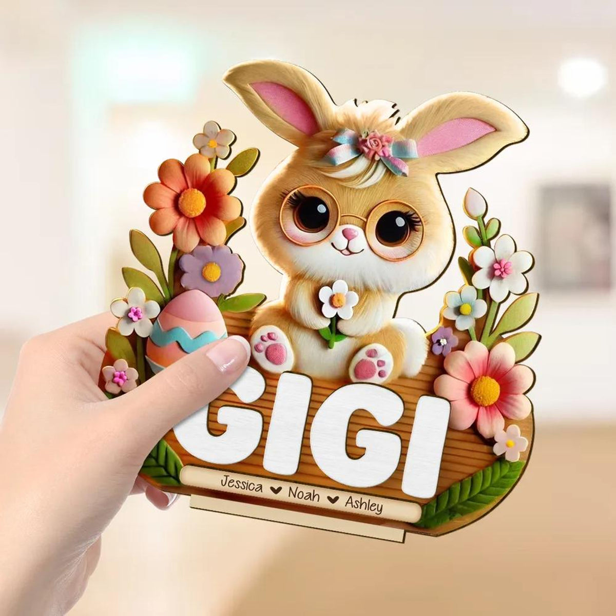 Mom Grandma's Easter Magic With Cute Bunny Engraved Standing Wooden Plaque, Heartfelt Personalized Gift For Mom, For Grandma