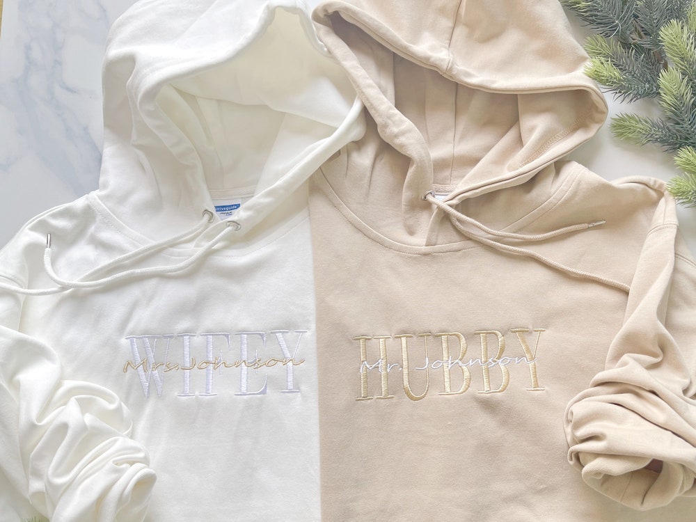 Personalized Embroidered Wifey Hubby Sweatshirt, Custom Last Name Bridal Crewneck, Gift For Couple Matching Hoodie