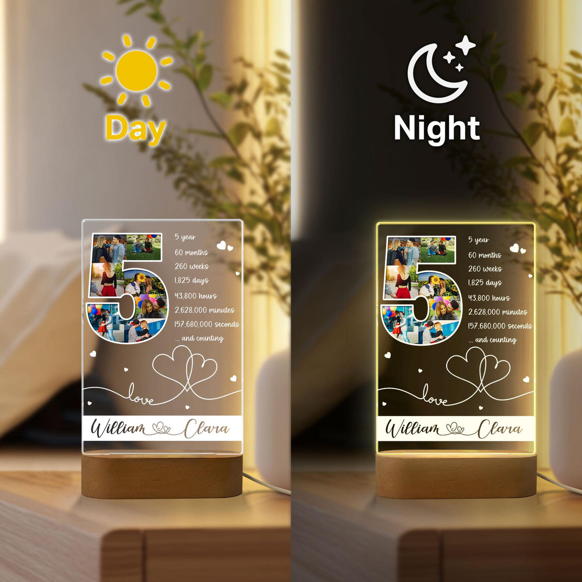 Custom Night light with Couples Name & Photo, 5th Anniversary Romantic Gift for Wife, Gift for Husband, Valentines Gift, Gifts for Couple, Picture Led Light