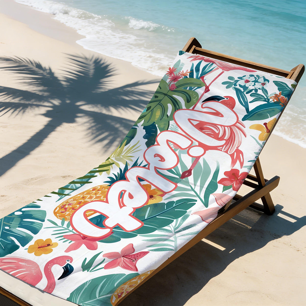 Custom Flamingo Tropic Summer Beach Towel, Flamingo Jungle Theme Gift, Custom Name Holiday Travel Bath Towel, Beach Lover's Gift, Gift for Girls