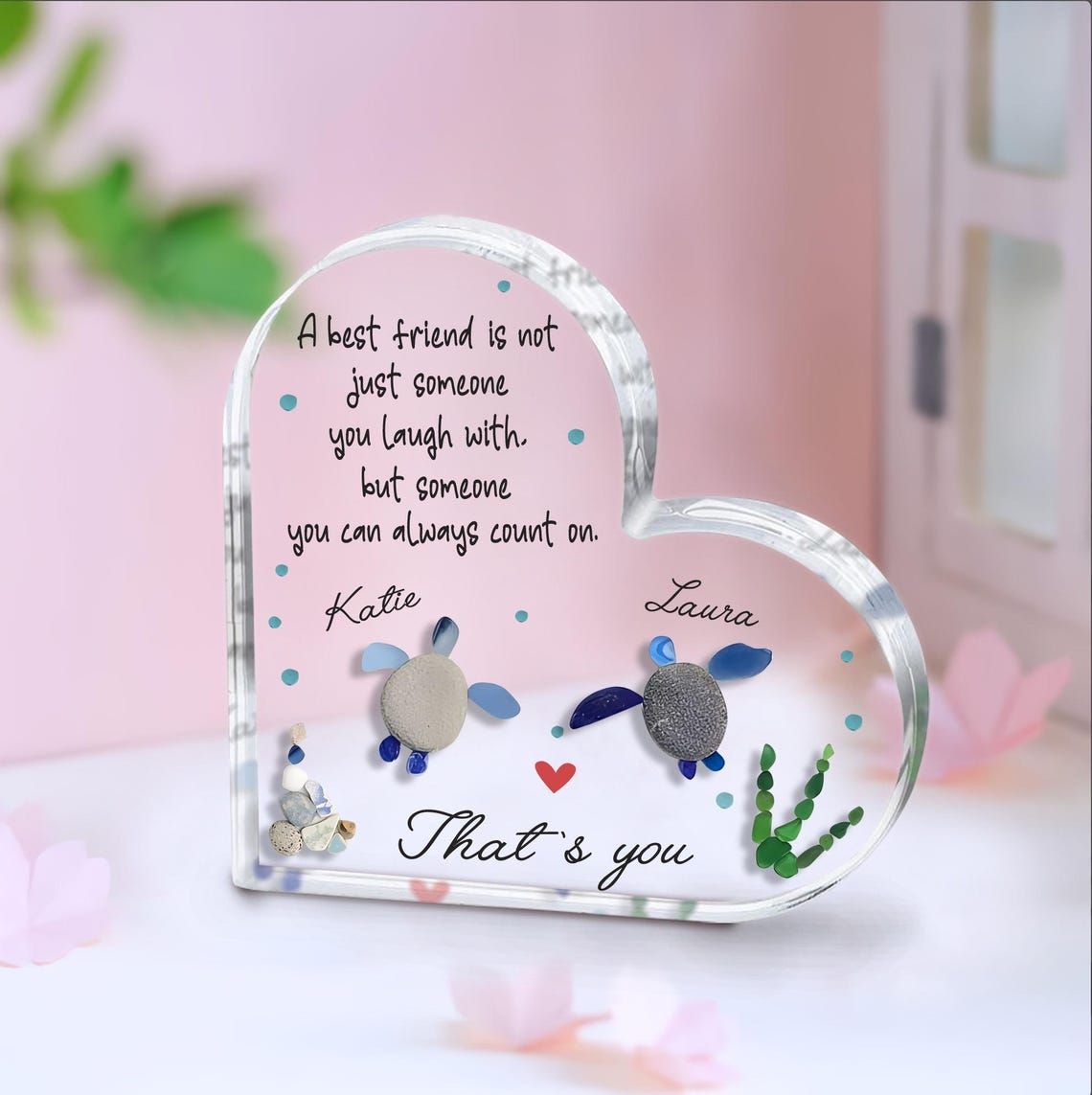 Personalized Heart Acrylic Friendship Gift, Sea Glass Turtle Keepsake for Best Friends, Custom Names Pebble Art, Besties Plaque Gift for Her