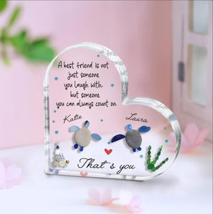 Personalized Heart Acrylic Friendship Gift, Sea Glass Turtle Keepsake for Best Friends, Custom Names Pebble Art, Besties Plaque Gift for Her