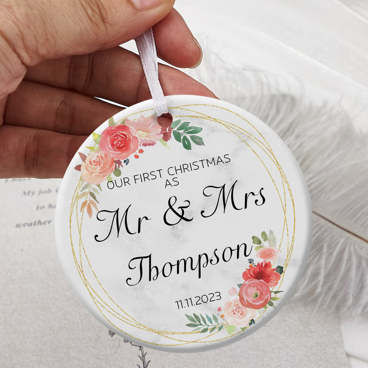 Our 1st Christmas As Mr. & Mrs. Golden Wreath Pink Roses - Personalized Ornament - Christmas Gift
