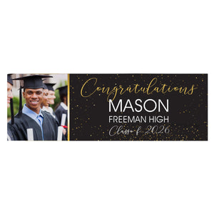 Personalized Graduation Banner with Photo, Black & Gold Congrats Graduate Yard Sign, Custom Name & School Class of 2026 Party Decor
