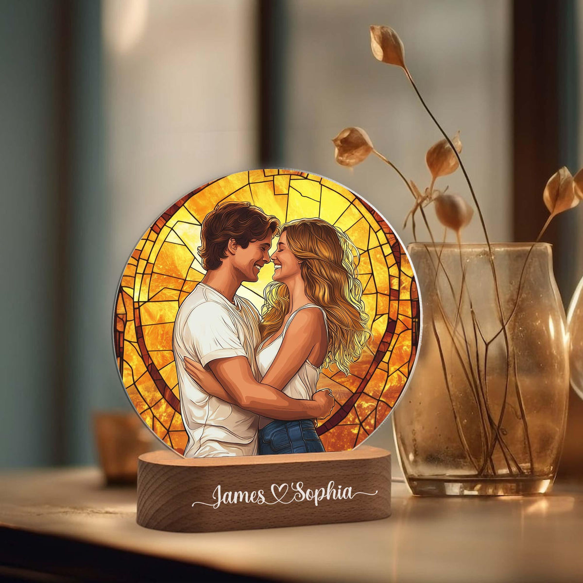 Personalised Couple Photo Art Night Light With Wooden Base, Wedding Anniversary 3D Lamp Gift, Valentine's Day Gift For Girlfriend/ Boyfriend