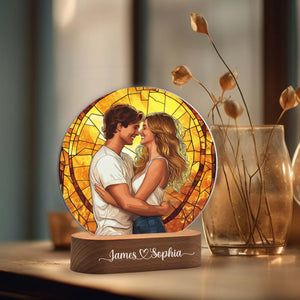 Personalised Couple Photo Art Night Light With Wooden Base, Wedding Anniversary 3D Lamp Gift, Valentine's Day Gift For Girlfriend/ Boyfriend