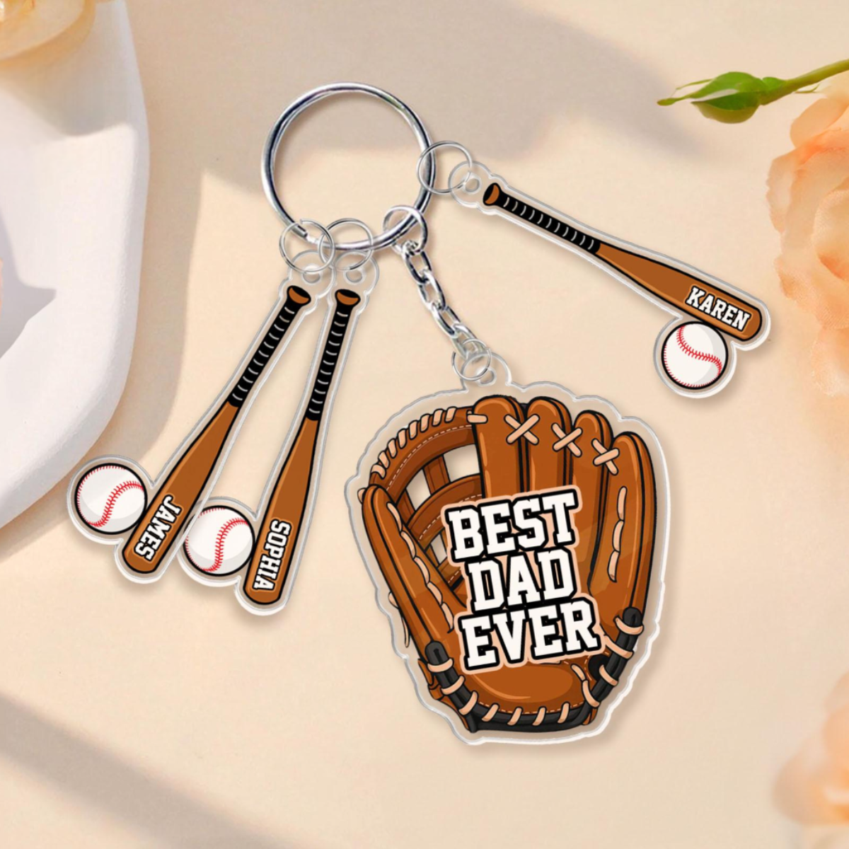 Custom Baseball Keychain For Dad, Custom Dad Keychain With Kid Names Charm, Father's Day Gifts, Baseball Lover, Gift For Baseball Dad