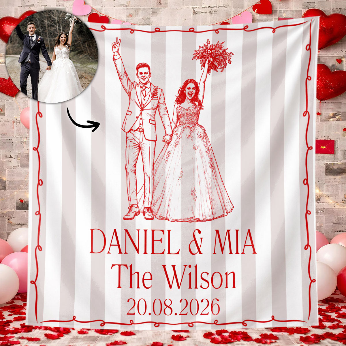 Custom Photo Pencil Sketch Couples Wedding Engaged Bachelor Party - Personalized Backdrop