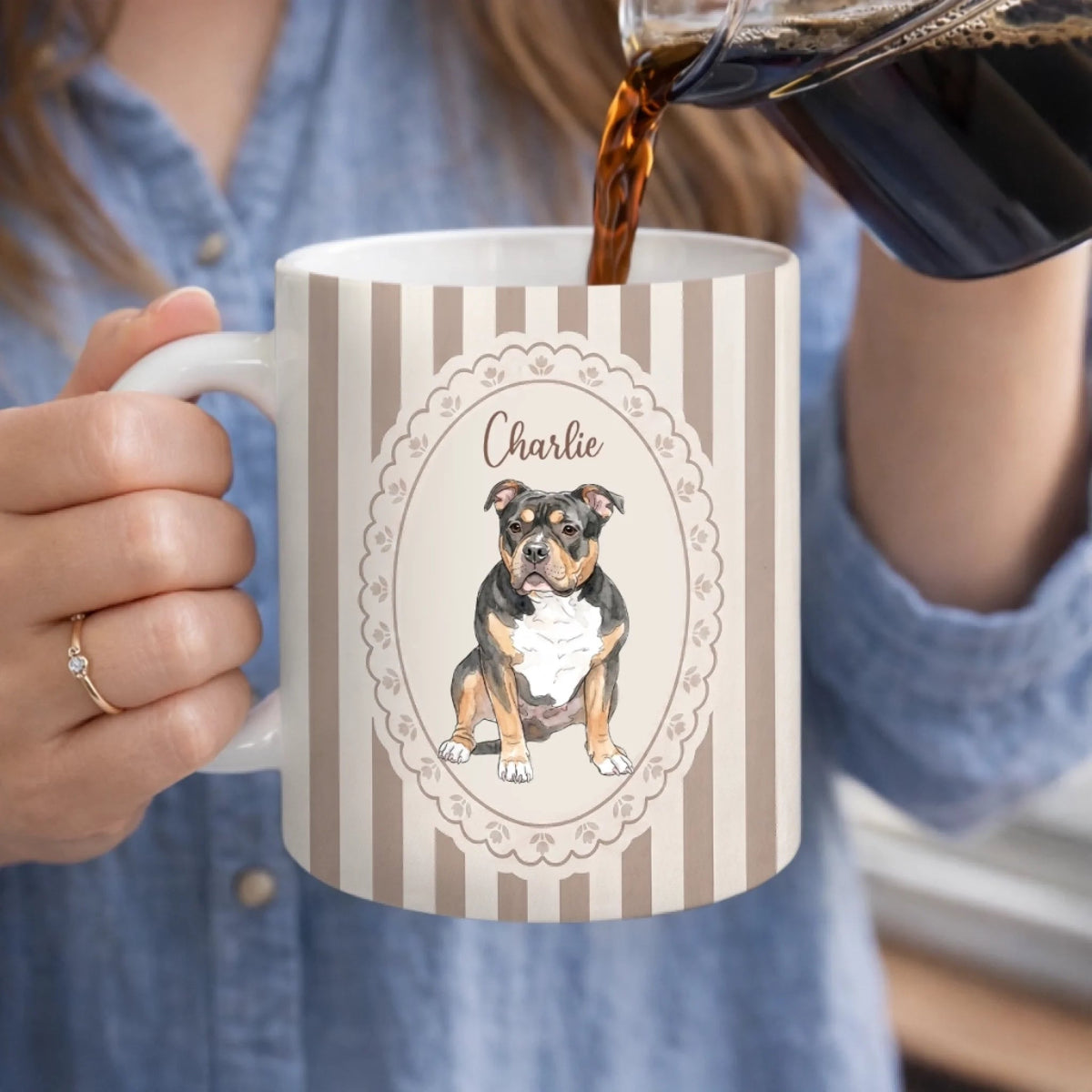 Personalized Cat Mom Dog Mom Mug, Custom Pet Lover Coffee Mug with Pet Portrait & Name, Cute Yellow Striped Ceramic Cup Gift for Pet Owners