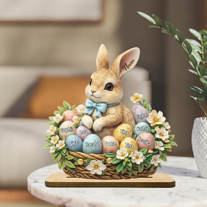 Custom Easter Bunny Wooden Plaque for Grandma, Personalized Egg Basket with Grandkids Names, Easter Gift for Family, Spring Easter Decor