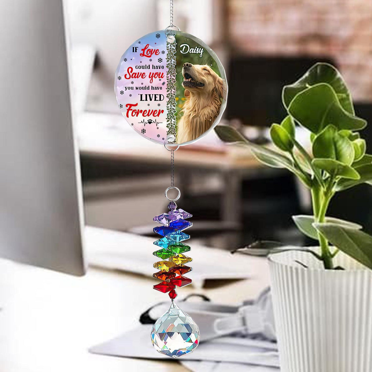 Personalized Dog Photo Memorial Ornament with Crystal Prism, Custom Pet Name Ornament, Smiling Dog Window Decor, Rainbow Maker Memorial Gift