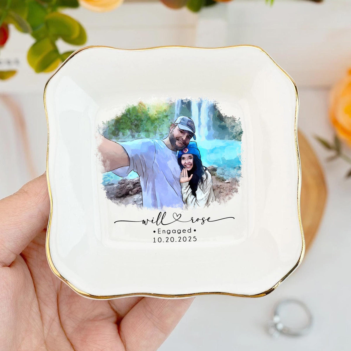 Custom Couple Portrait Ring Dish, Engagement Gift, Engaged Jewelry Tray, Handmade Personalized Couple Photo Ring Holder, Engagement Keepsake