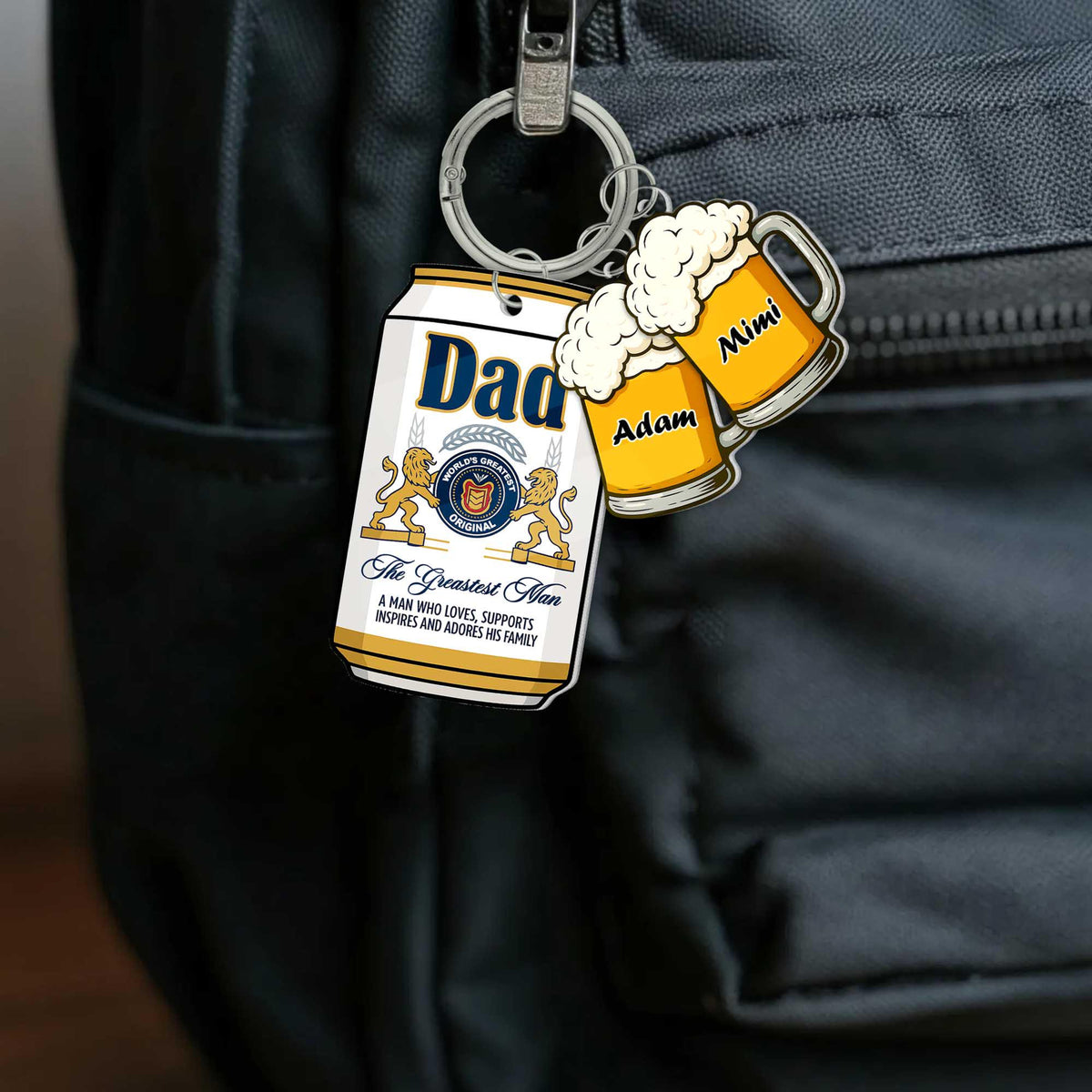 Best Dad Ever Beer Keychain Personalized Can & Mug Gift with Kids Names, Funny Custom Father s Day Keyring for Cool Beer-Loving Dads