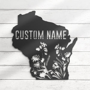 Custom Wild Flower State Metal Wall Art LED Light, Personalized Wildflower Map Name Sign Home Decor, Floral Decoration Christmas