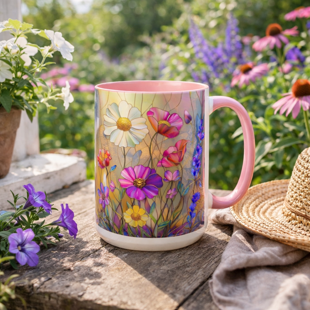 Personalized Floral Stained Glass Mug, Colorful Wildflower Design Coffee Cup, Gift For Her