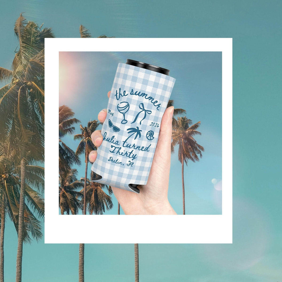 The Summer I Turned Thirty 30th Birthday Can Cooler, 30th Beach Birthday Party Favors, Custom Reusable Can Holders