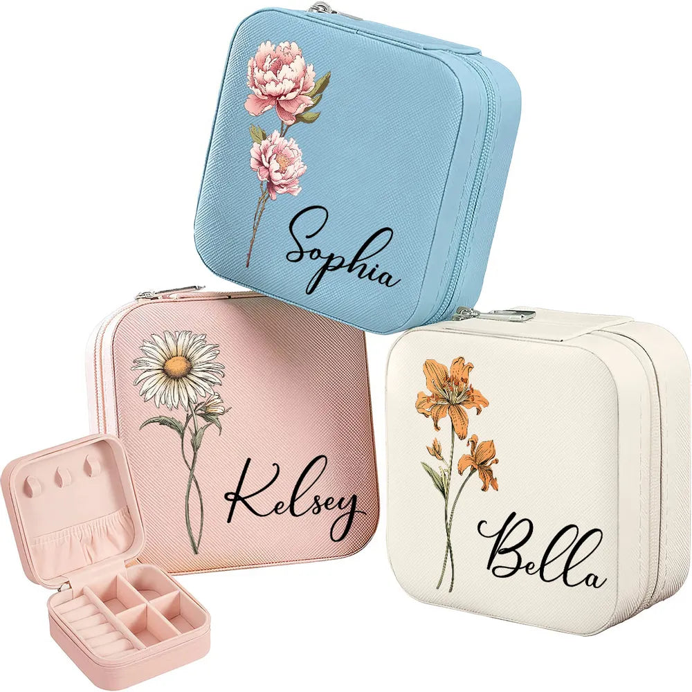 Birth Month Flower With Name - Personalized Square Jewelry Box - Gift For Mom, Mother's Day, Birthday Gift
