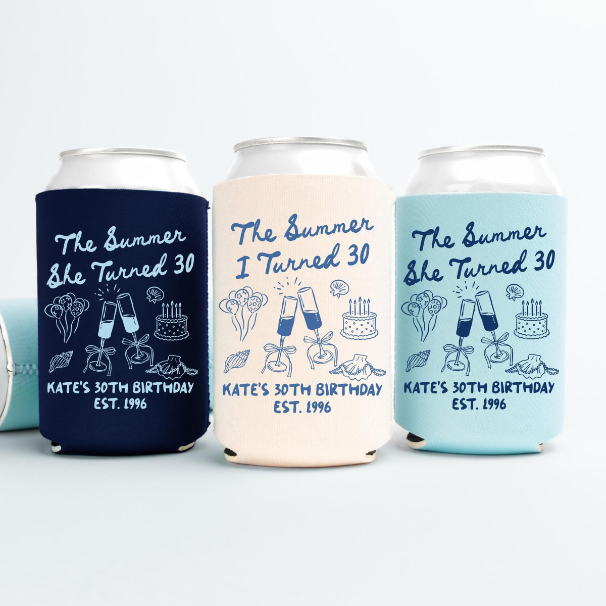 The Summer I Turned Thirty Birthday Can Coolers, 30th, 40th, 50th Birthday Personalized Can Sleeves, Beach Coastal Birthday Party Favors