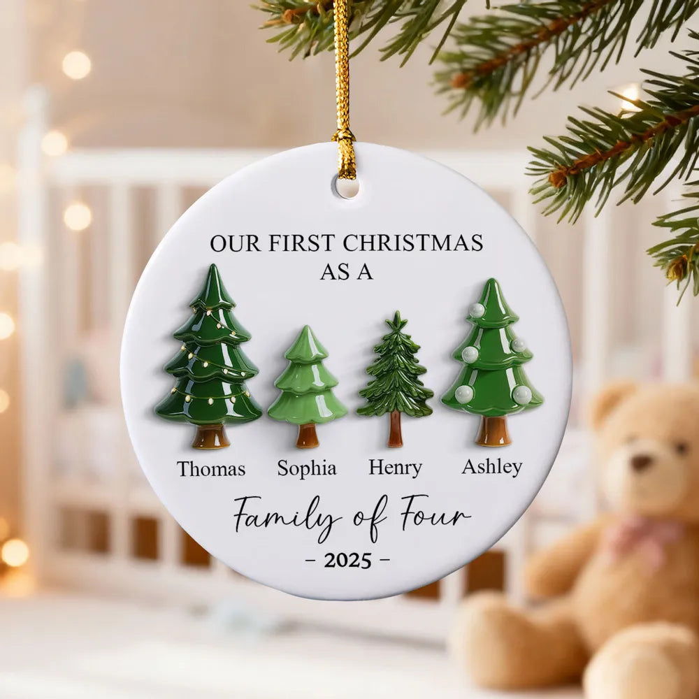 First Christmas As Family Christmas Tree 3D Effect - Personalized Ceramic Ornament - Christmas Decor For Family