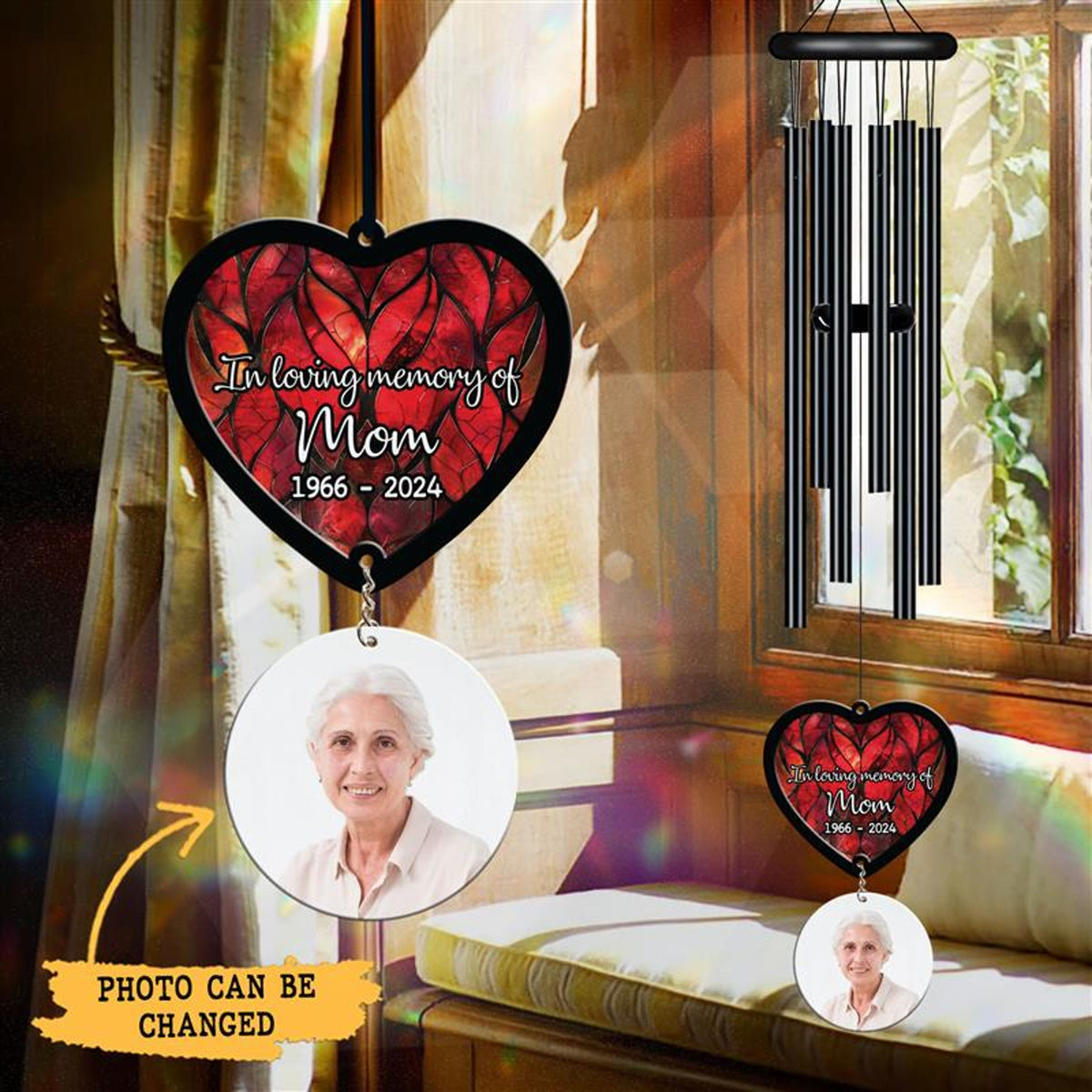 Personalized Memorial Wind Chime, Black Wind Chime, Heart Suncatcher Wind Chime, In Loving Memory, Custom Family Photo, Christmas Gift