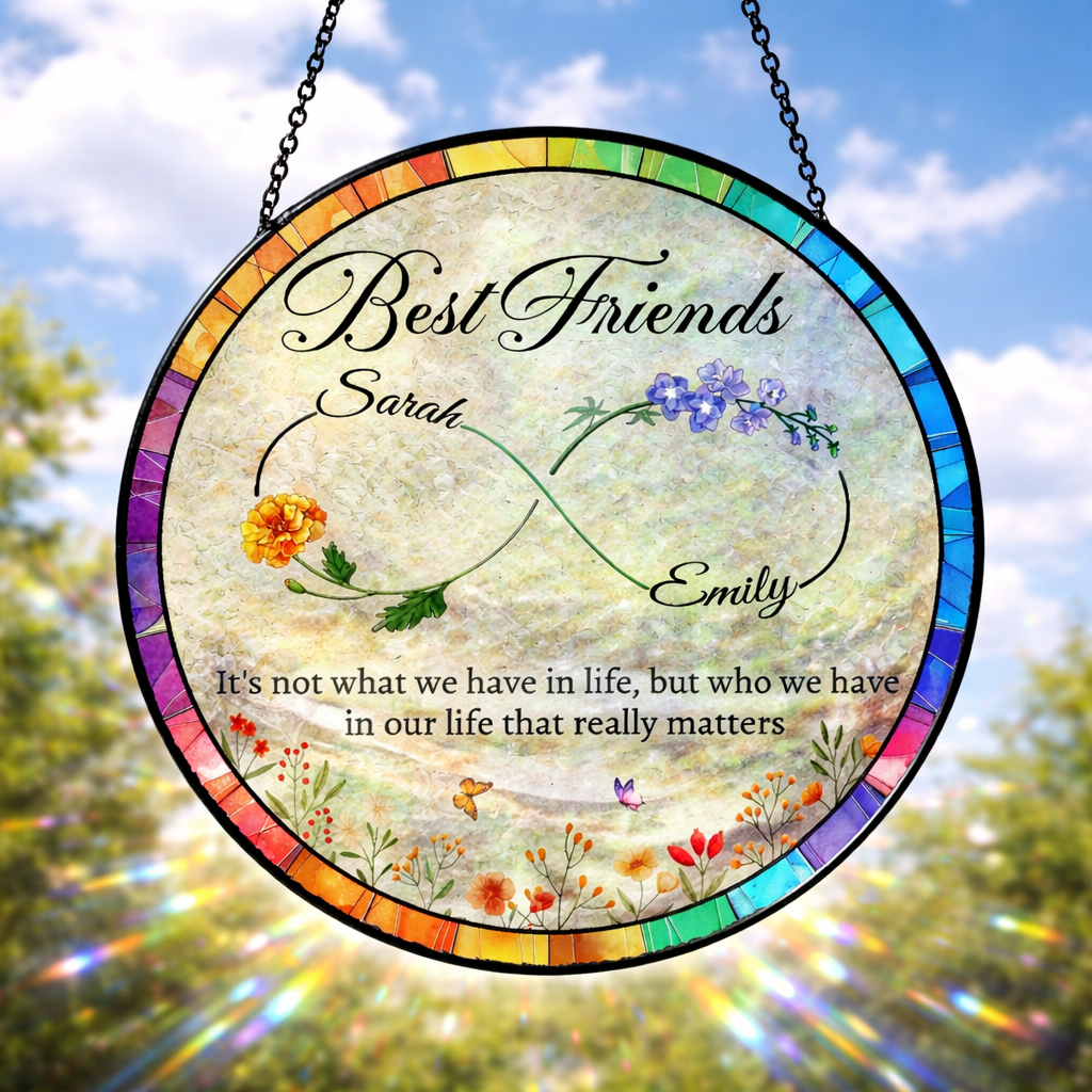 Best Friends Stained Glass Suncatcher, Personalized Best Friend Birth Month Flower, Friendship Gift, Soul Sisters Gift,Besties Birthday Gift