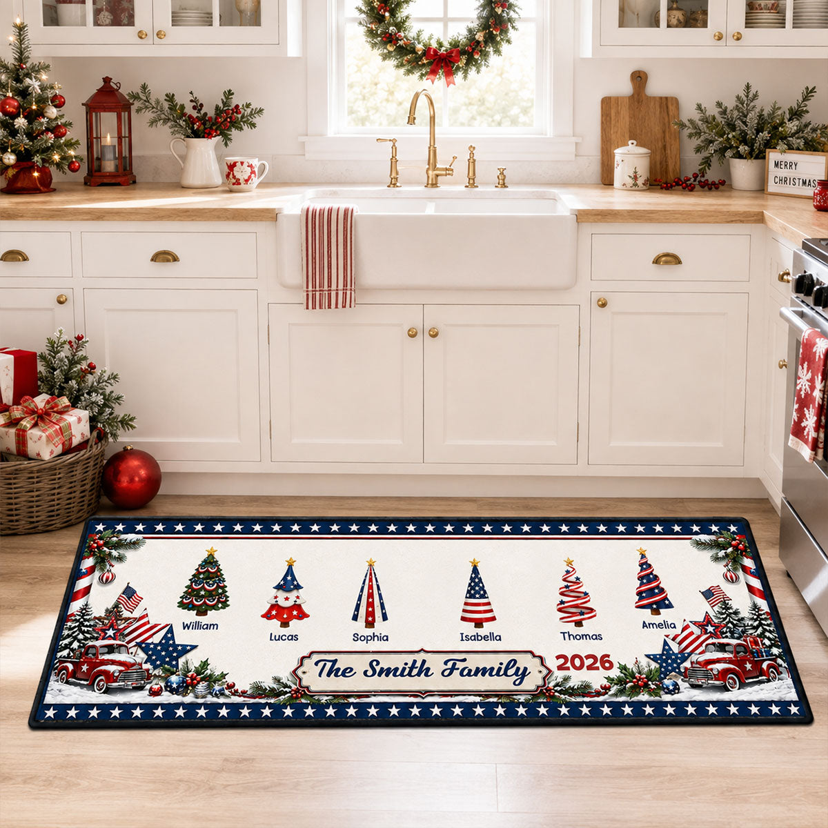 America Decorations Christmas Together Runner Rug, Personalized Holiday Kitchen Mat, Home Xmas Gift