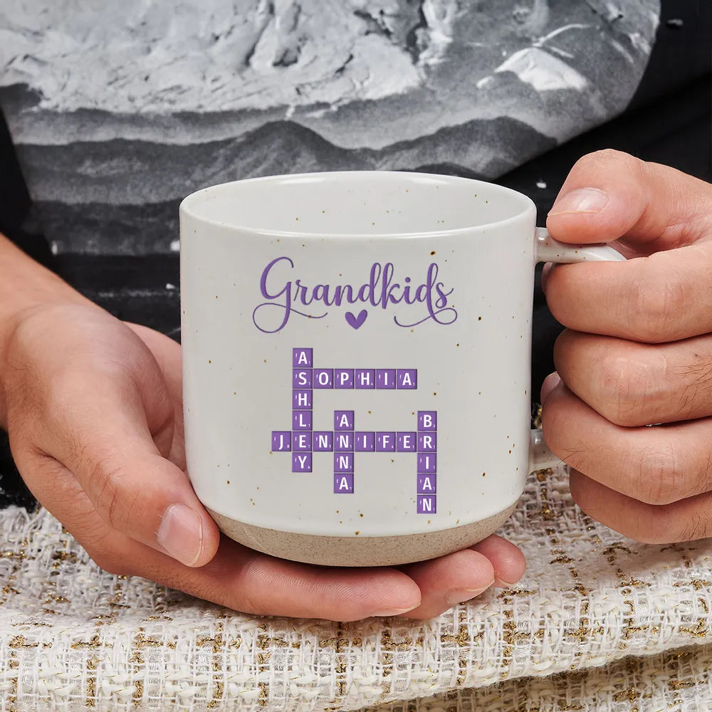 Grandkids Purple Crossword Wildflower Pattern - Personalized Pottery Mug - Gift For Grandma Mom, Mother's Day, Birthday Gift