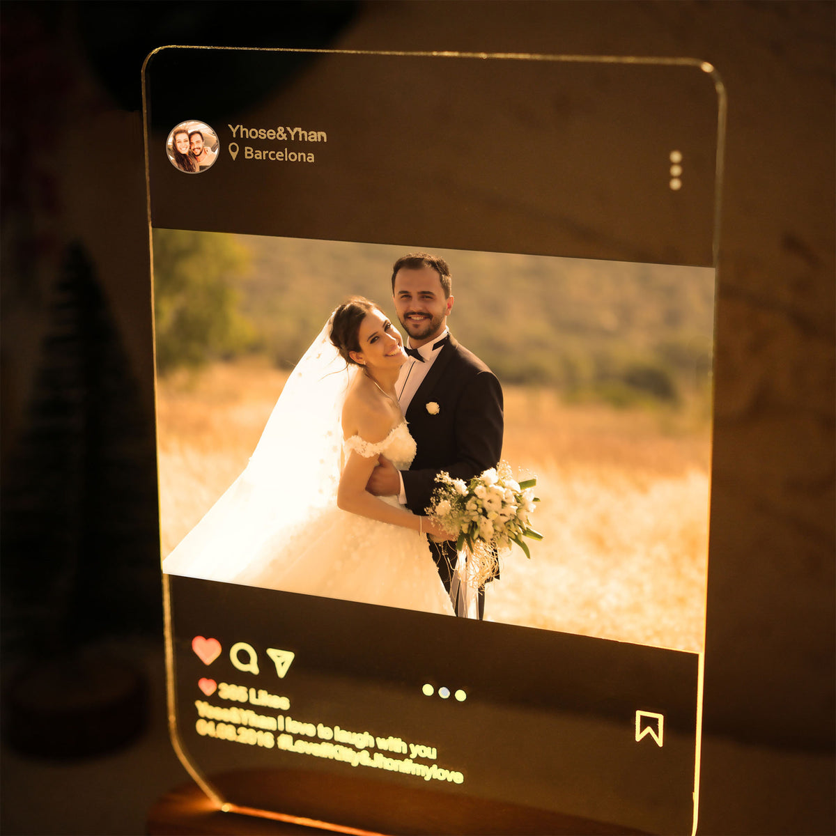 Custom Wedding Photo - Personalized 3D LED Light Wooden Base - Gifts For Couple