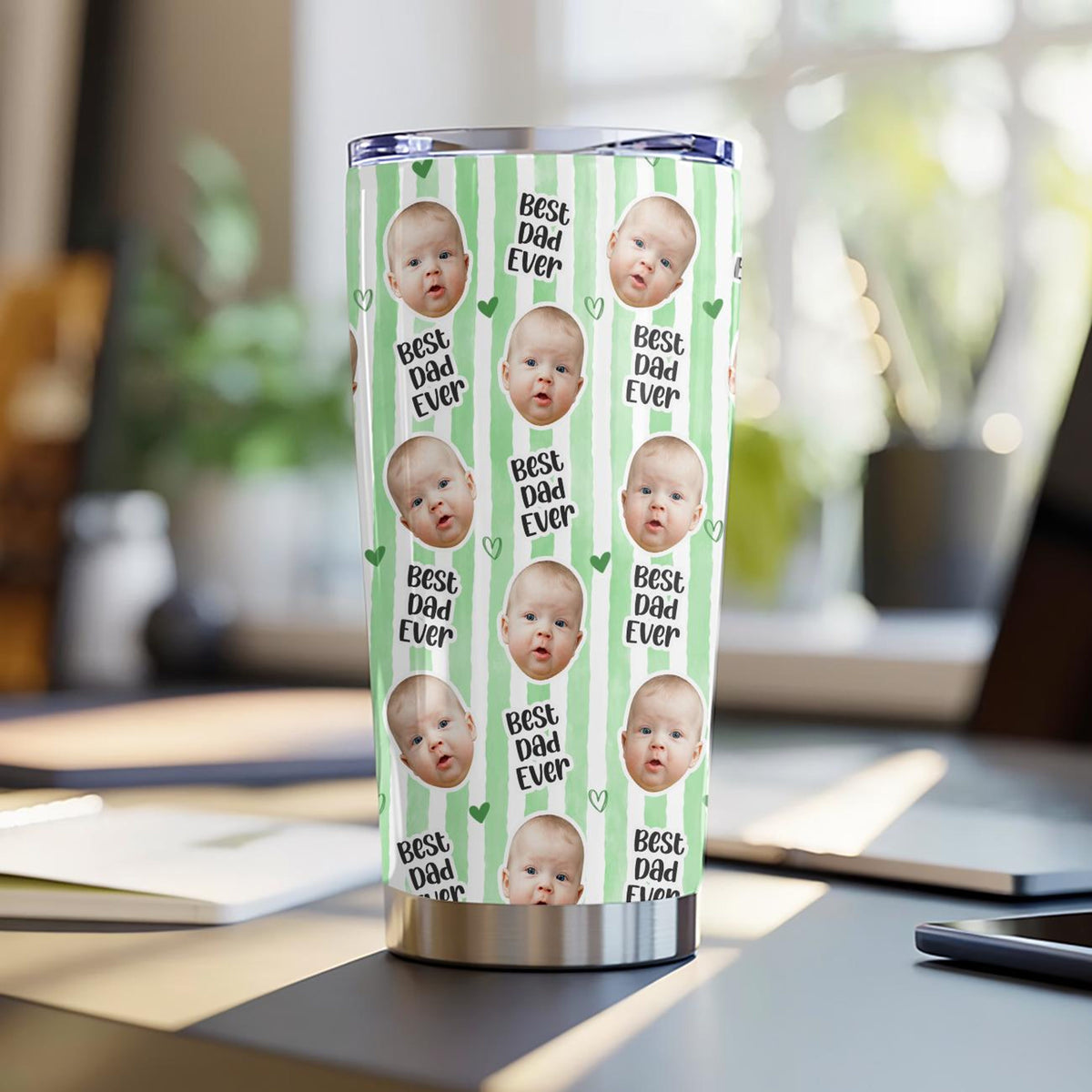 Custom Baby Face Tumbler, Personalized Best Dad Ever Stripes Travel Mug, Funny Repeat Photo Face Coffee Cup, First Fathers Day Gift From Wife