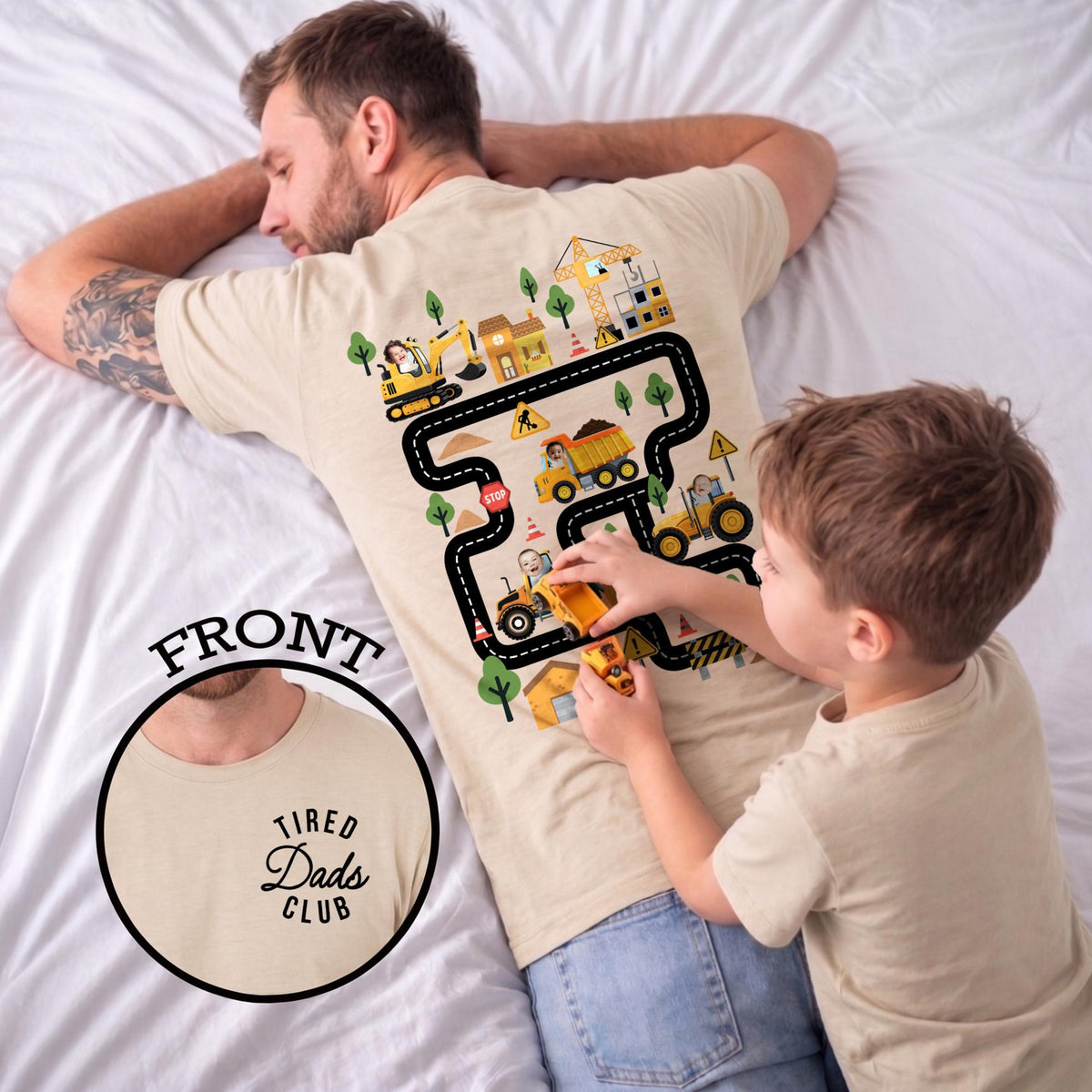 Personalized Tired Dad Club Construction Car Road Map Shirt, Custom Kids Face Dad Shirt, Gift For Dad From Son, Fathers Day Gift for Husband