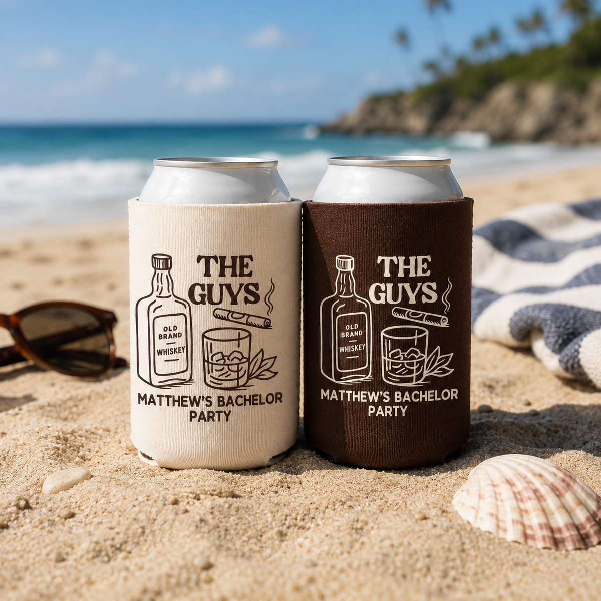 The Guys Bachelor Can Cooler - Custom Whiskey Bachelor Party Favors - Personalized Cozies in Regular and Slim Size