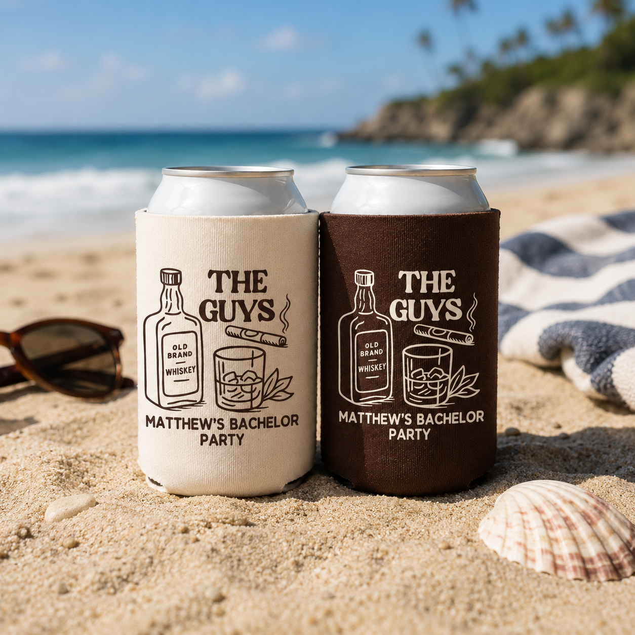 The Guys Bachelor Can Cooler - Custom Whiskey Bachelor Party Favors - Personalized Cozies in Regular and Slim Size