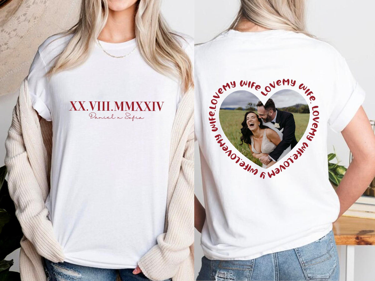 Valentine Heart Custom Text Shirt, Personalized Roman Numeral Date, Name & Picture Gift for Couple, Anniversary