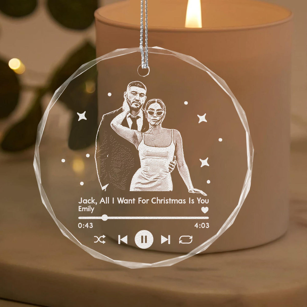 Personalized Anniversary Ornament with Portrait Photo, Custom Song Glass Ornament, Christmas Gifts for Couples