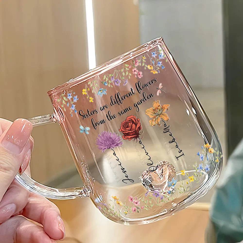 Sisters Are Different Flowers From The Same Garden - Personalized Gradient Glass Mug - Gift For Sister, Bestie