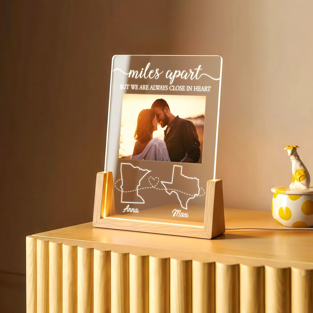 Valentine Long Distance LED Lamp, Personalized Photo Map Couple Gift, Miles Apart But Always At Heart, Gift For Couple