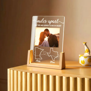 Valentine Long Distance LED Lamp, Personalized Photo Map Couple Gift, Miles Apart But Always At Heart, Gift For Couple