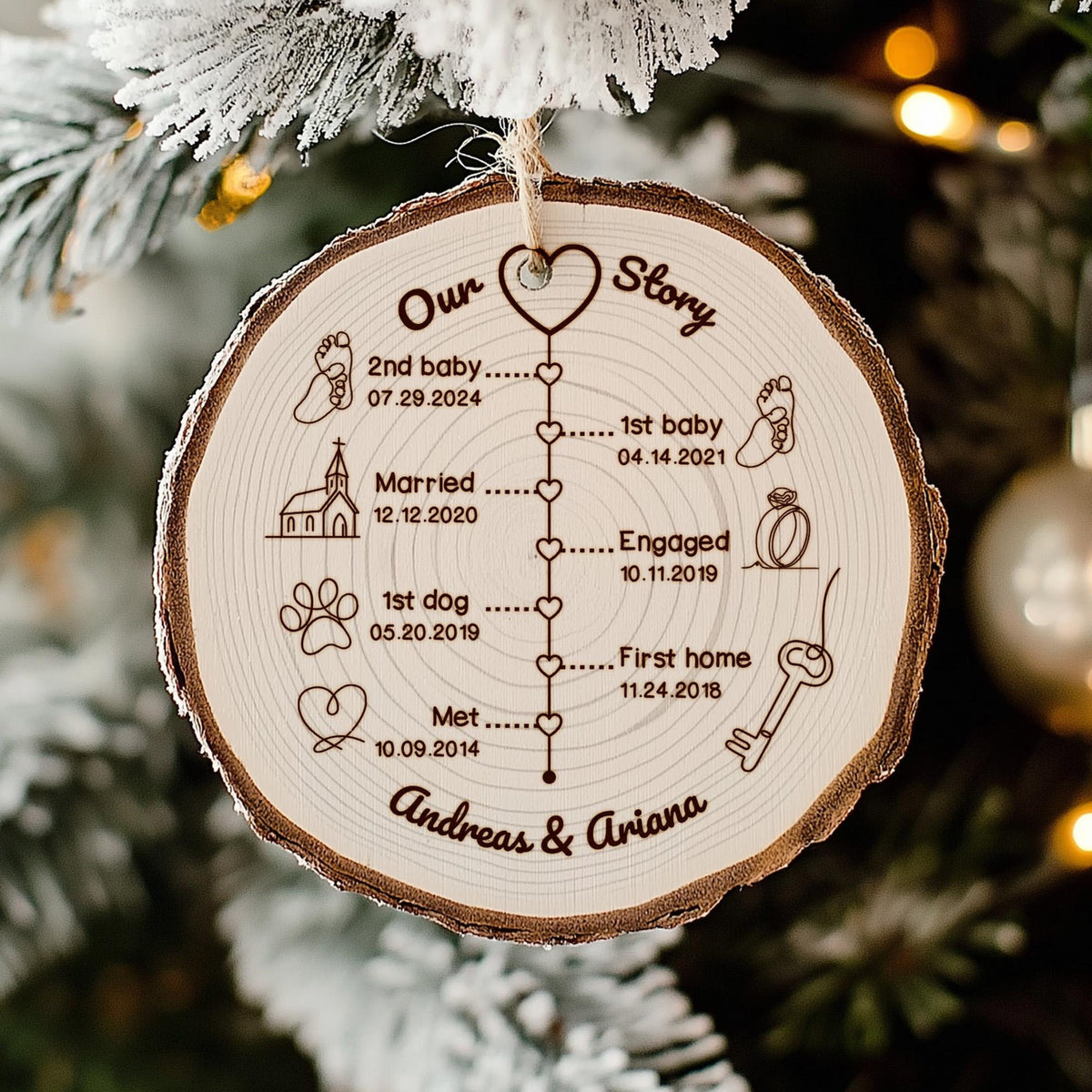 Custom Anniversary Wedding Wood Ornament, Personalized Love Story Timeline Gifts for Him, Anniversary Christmas Ornament Gift for Husband